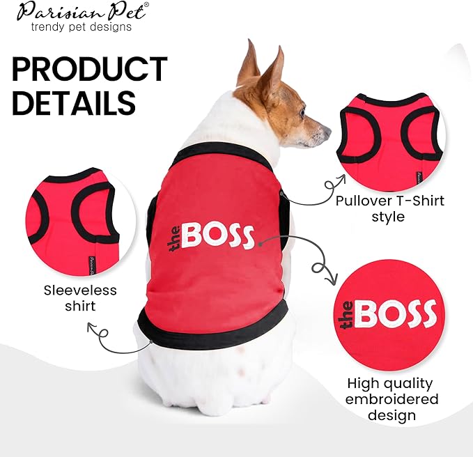Parisian Pet Dog T-Shirt with Embroidered 'The Boss' Word - Lightweight Dogs Clothes - Sleeveless Dog Outfit Boss - Shirt for Large Dogs, XL