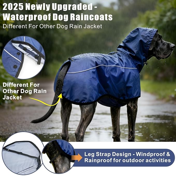 Mosucoirl Dog Raincoat Jacket Reflective Adjustable Hooded Pet Poncho Rain Coats with Leash Hole Waterproof Clothes for Small Medium Large Dogs (NavyBlue, L)