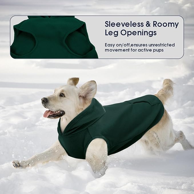 IECOii XL Dog Sweater & Pullover Hoodie for Large Dogs, Warm Fleece Layer with Hood for Cold Weather, Boys & Girls, Green, Size XL