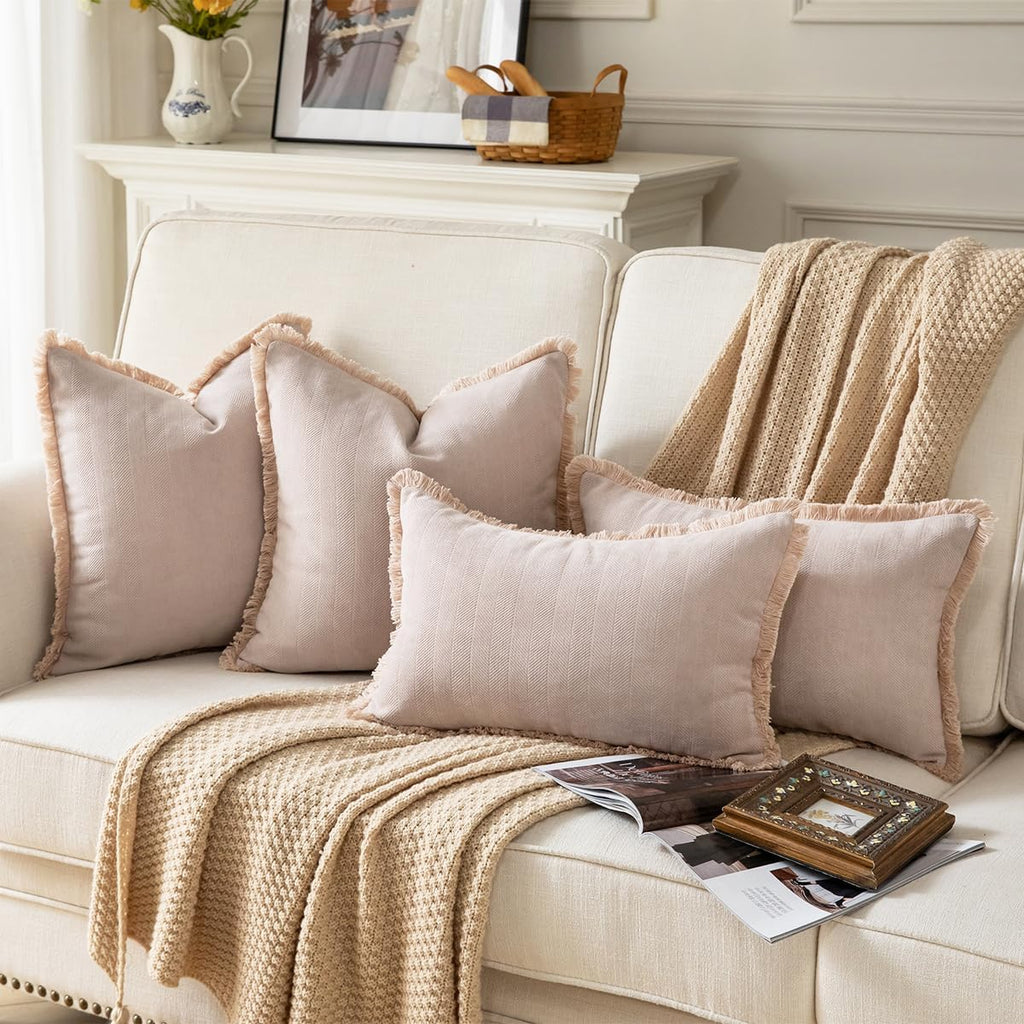 Set of 2 Decorative Fringe Throw Pillow Covers Chenille Pillow Covers Elegant Design Pillowcase Soft Tassels Cushion Cover for Couch Bed Home Decor,12×20 Inch,Beige
