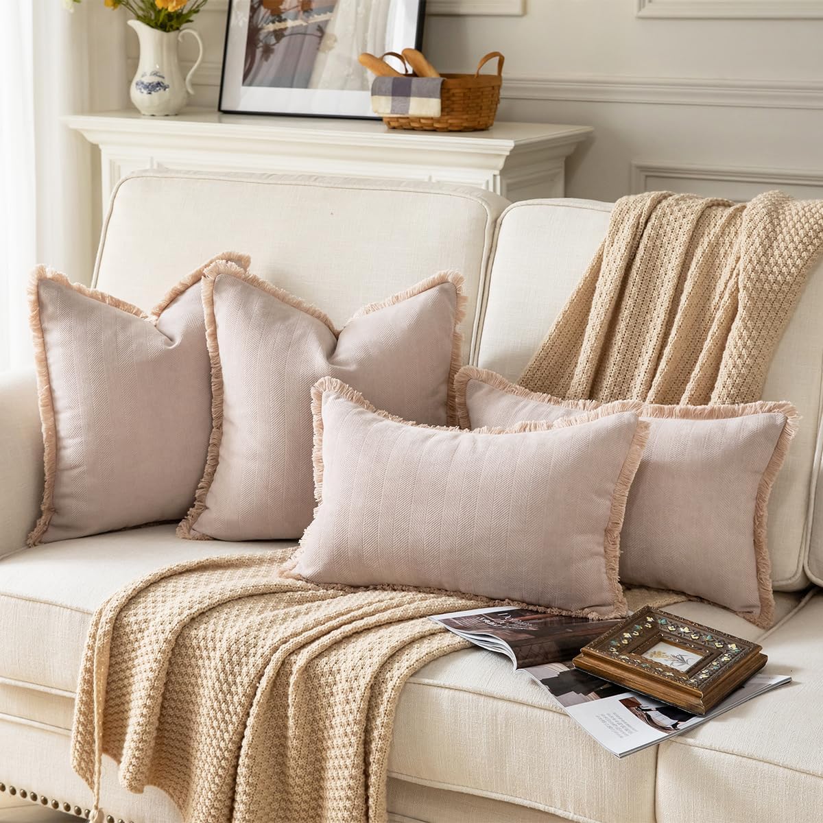 Set of 2 Decorative Fringe Throw Pillow Covers Chenille Pillow Covers Elegant Design Pillowcase Soft Tassels Cushion Cover for Couch Bed Home Decor,20×20 Inch,Beige