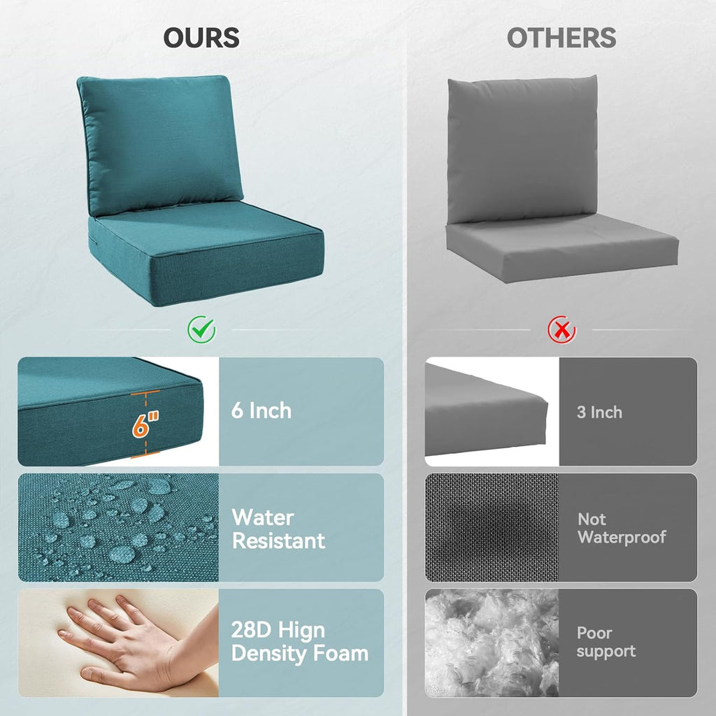 6" Thick Outdoor Cushions 24x24x6, 10-Set Deep Seat Patio Cushions with Removable Cover, Waterproof & Fade Resistant Replacement for Wicker Chair, Loveseat, Sofa - Peacock Green