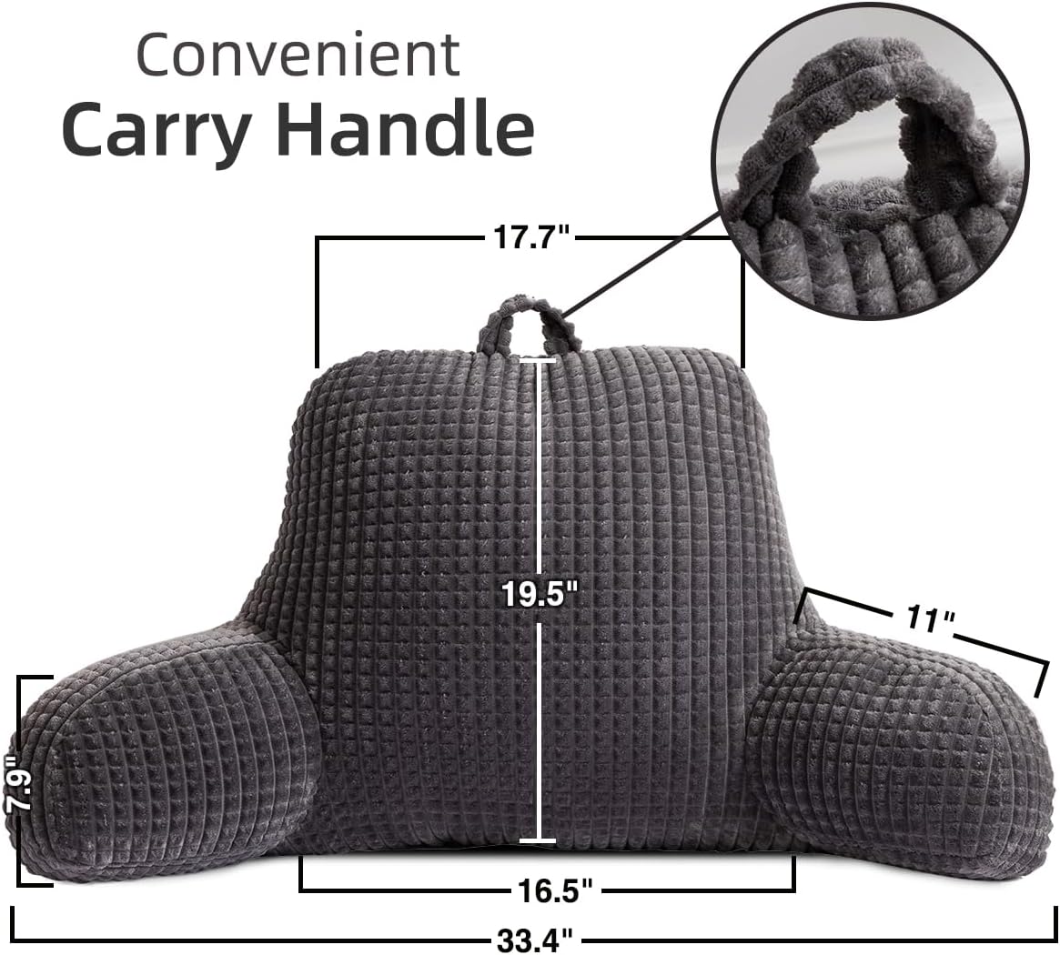 Holawakaka Reading Pillow for Bed and Sofa Couch Sitting Up, Backrest Pillows with Arms for Kids Teens Adults, Back Support Cushion for Lounging, Watching TV, Working on Laptop, Dark Grey