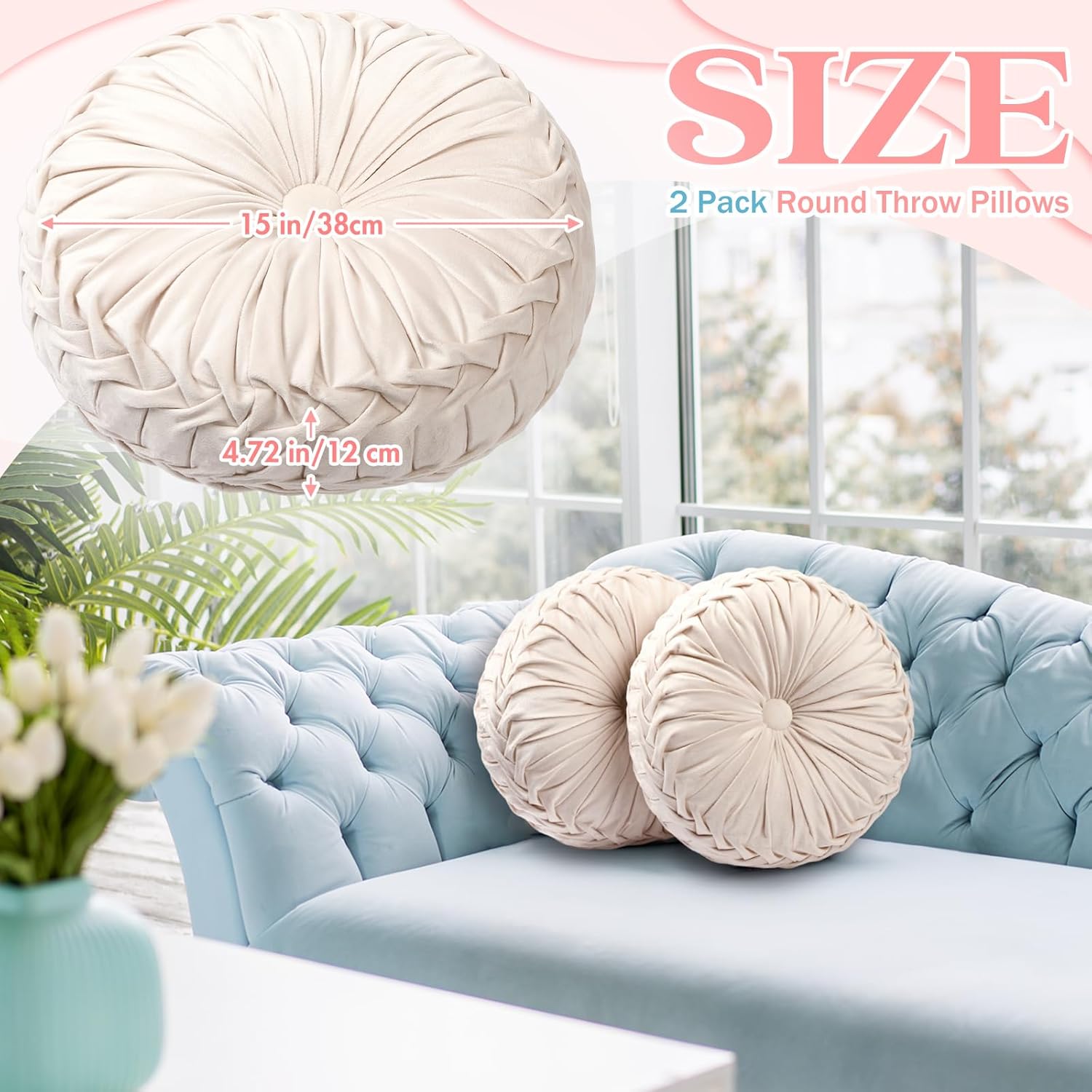 2 Pcs Round Throw Pillows 15 Inch Decorative Velvet Pleated Pumpkin Floor Boho Pillows for Living Room Couch Chair Bed Sofa (Ivory)