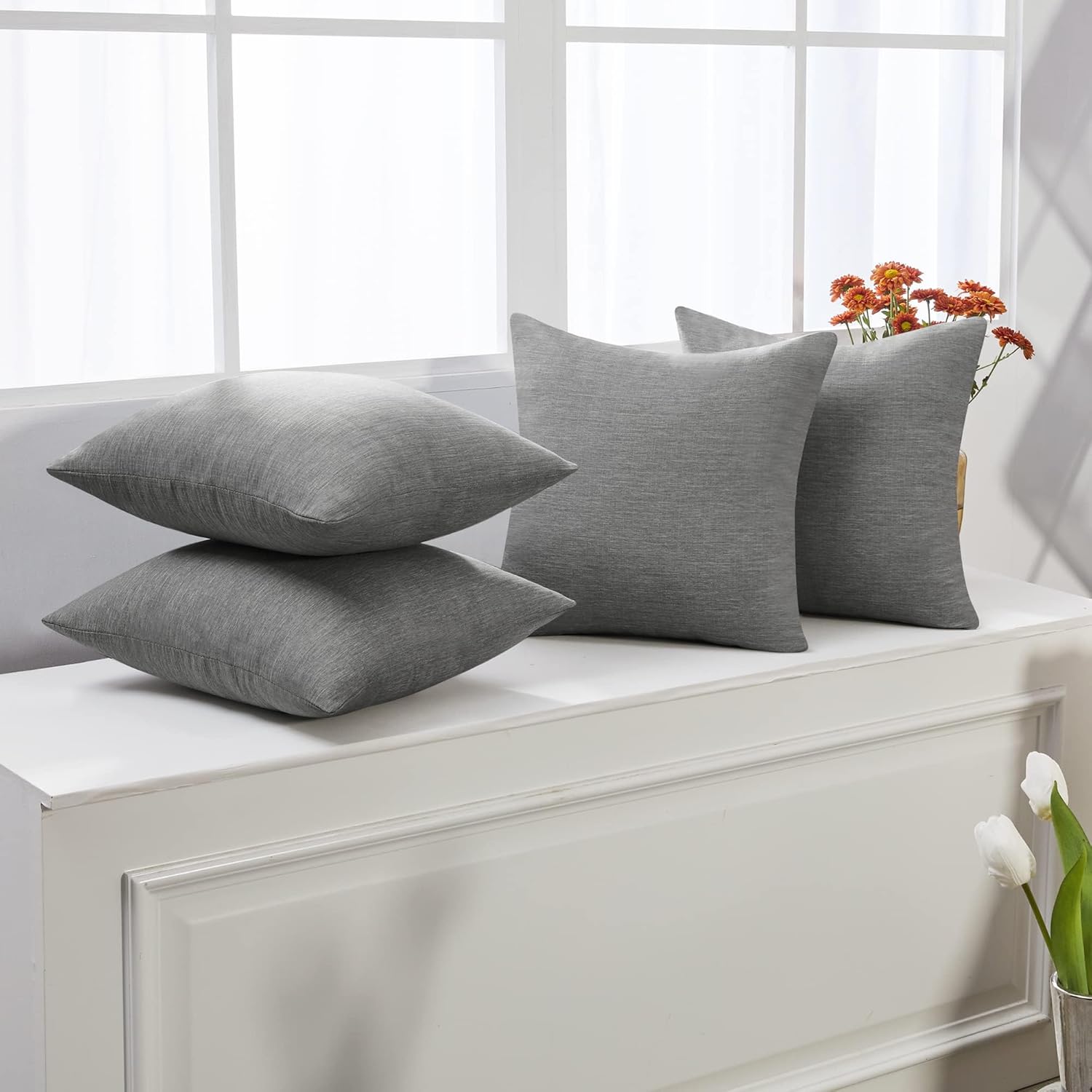 Deconovo Soft Cushion Covers Pillow Covers Faux Linen Pillow Covers with Invisible Zipper for Sofa 18x18 Inch Grey 4 Pcs Case Only No Insert