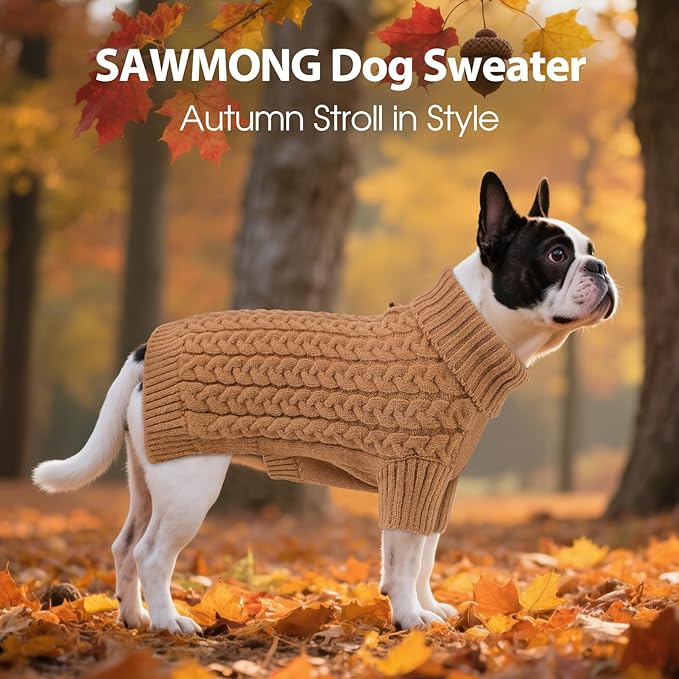 SAWMONG Dog Sweater, Dog Sweaters for Large Dogs Girls Boys, Pullover Turtleneck Knitted Doggy Sweatshirt, Cold Weather Pet Clothes（Khaki, Large