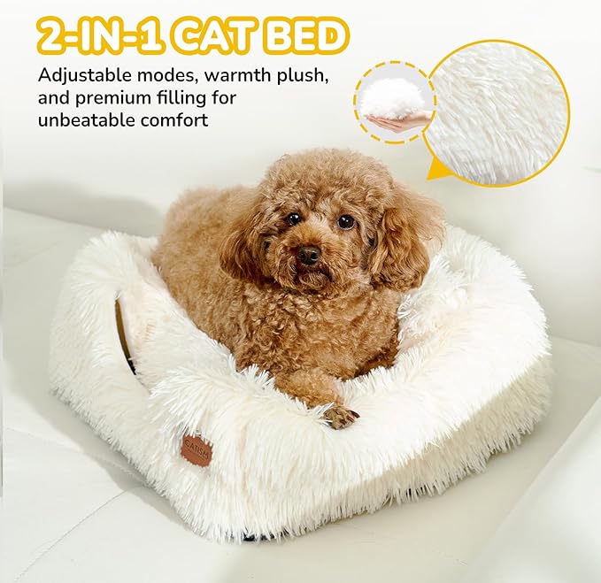CATISM Cat Bed, Cat Cave for Indoor Cats, Soft Cat Dome, Self-Warming 2 in 1 Foldable Pet Cat House with Washable Cushioned Pillow Calming Fluffy Dog Beds for Small Dogs with Anti-Slip Bottom White
