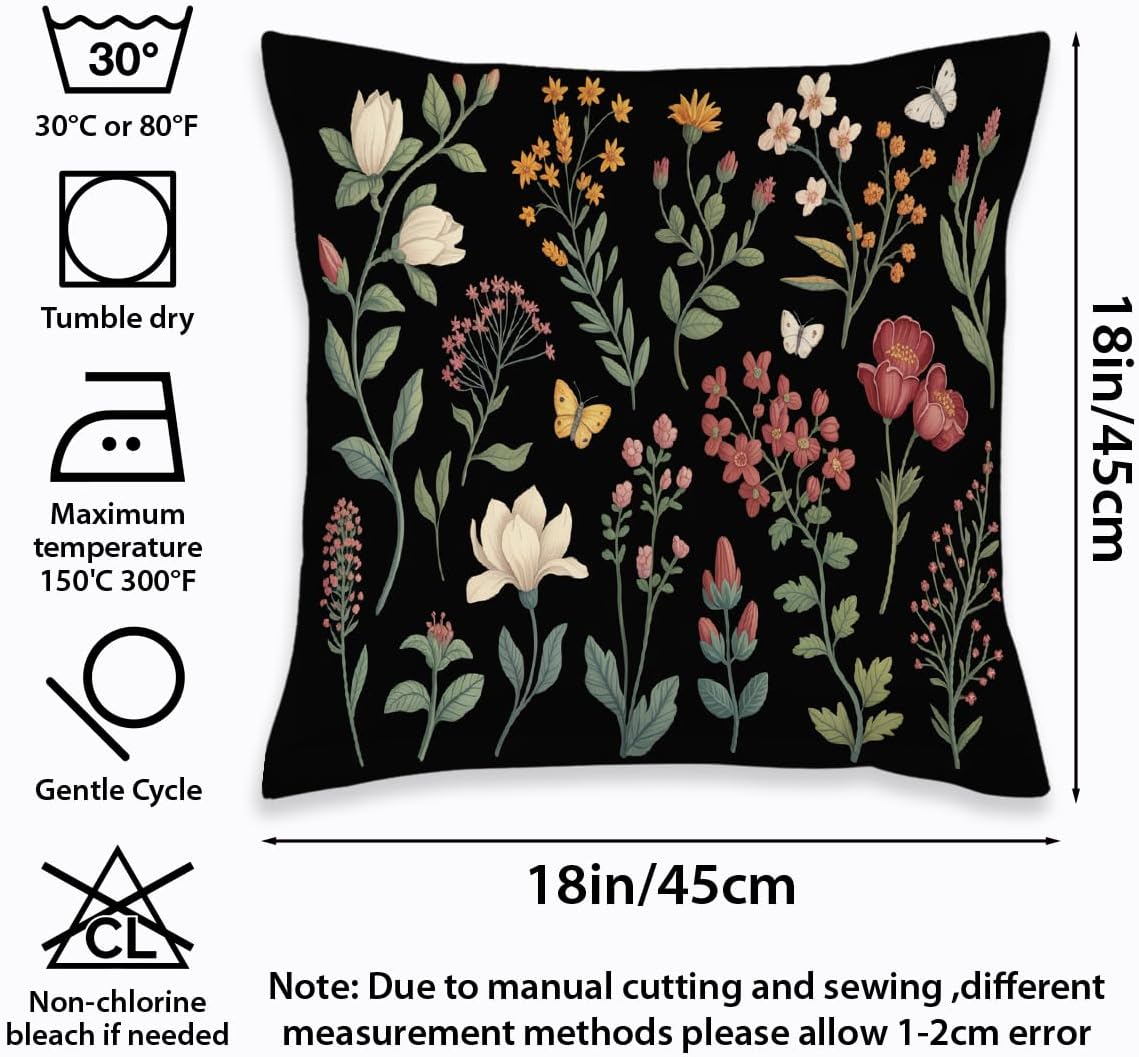 2 Pcs Spring Floral Pillow Covers, Black Botanical Wildflower Herbs Throw Pillow Covers, Summer Flower Plant Decorative Pillowcase Farmhouse Linen Square Cushion Case for Women Friend Sister