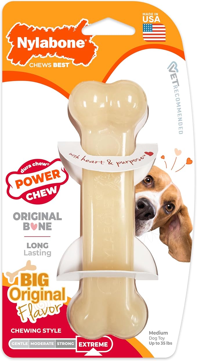 Nylabone Power Chew Original Bone - Durable & Tough Chew Toys for Aggressive Chewers - Durable Dog Toy for Medium Breeds - Original Flavor, Medium, Up to 35 Ibs. (1 Count)