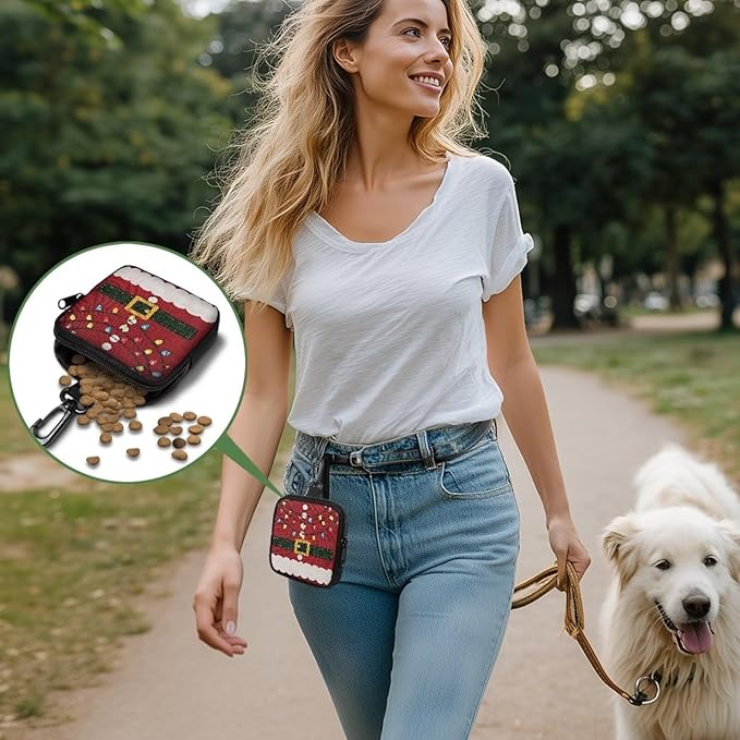KEIAHUAN Christmas Small Dog Treat Pouch Red Hands Free Dog Walking Bag with Carabiner Dogs Poop Bag Holder Zipper Closure Dogs Training and Behavior Aids Mini Coin Purse