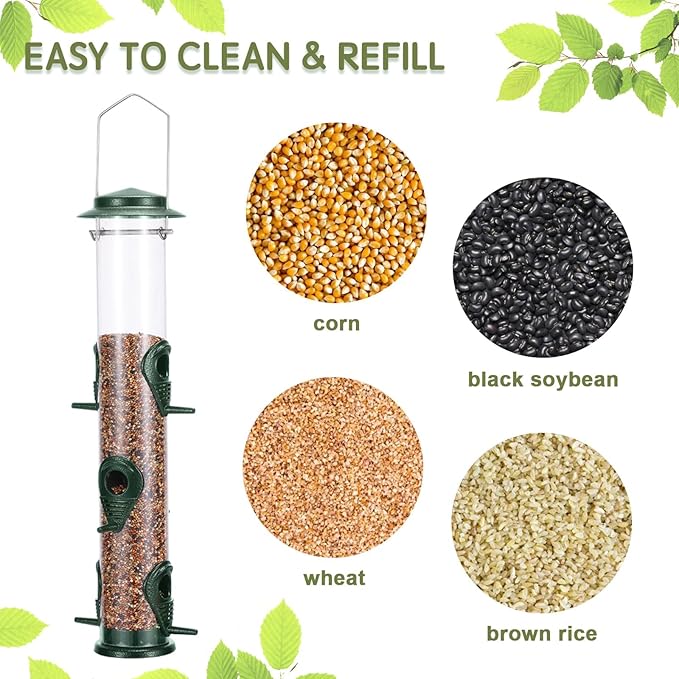 Metal Bird Feeder Tube Hanging Wild Bird Seed Feeder Aluminum Six Port Bird Feeders,1.4 mm Extra Thick Solid Tube Transparent with Steel Hanger Great for Attracting Birds