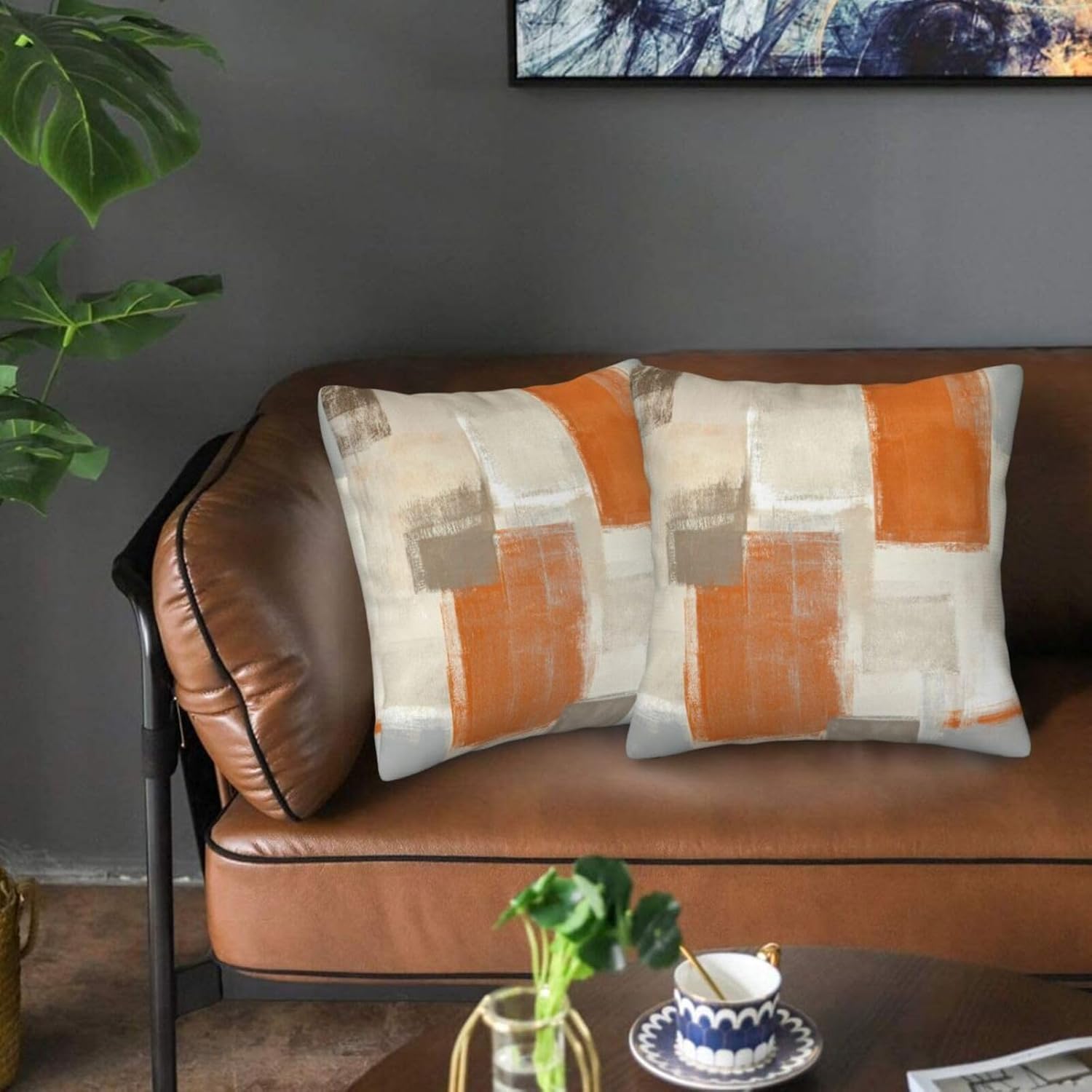 bassyil Orange Grey Abstract Art Painting Throw Pillow Covers Decorative Linen Pillow Cases Set of 2 Square Cushion Cover for Couch Sofa Bedroom Patio 18x18 Inch