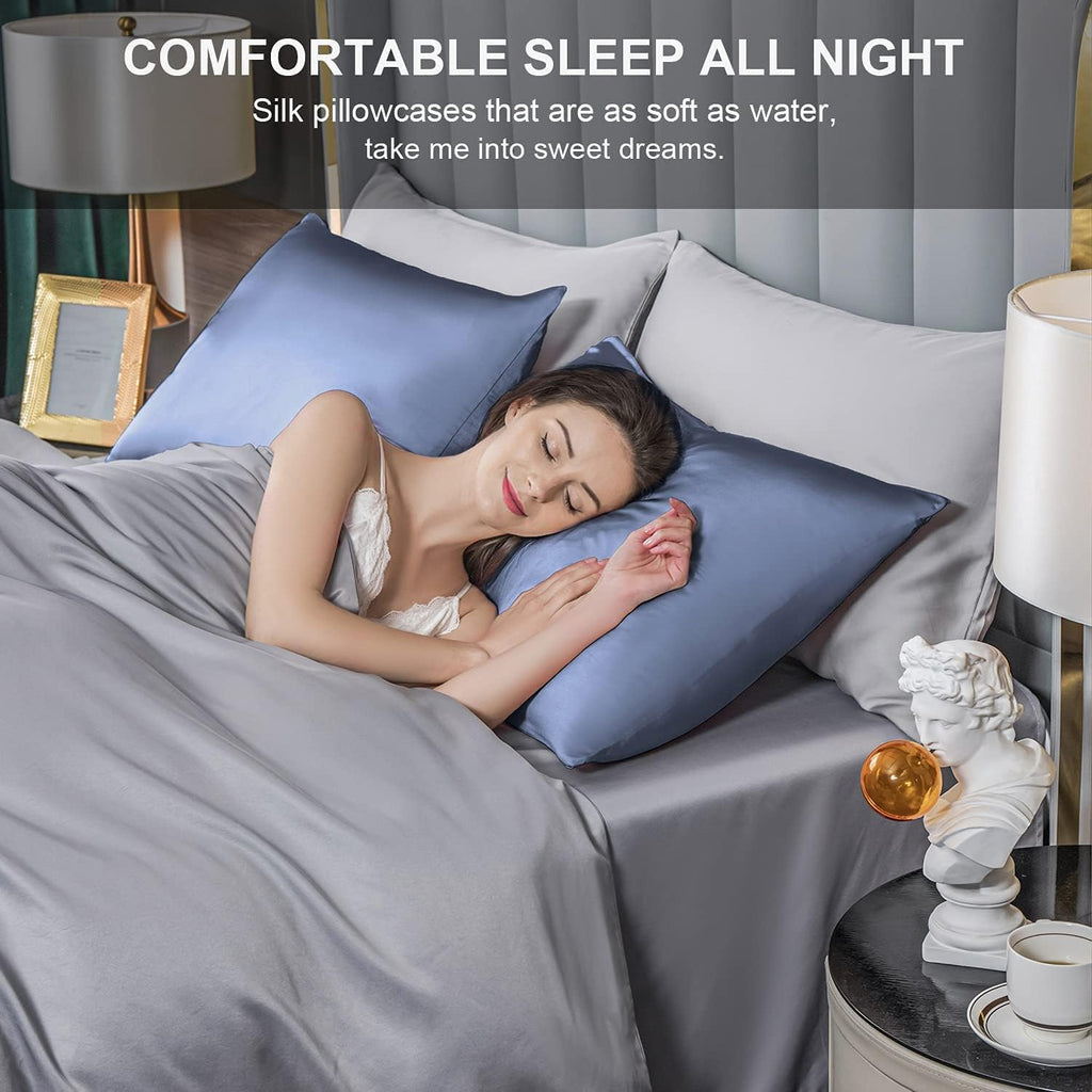 Mulberry Silk Pillowcase for Hair and Skin,Queen Size Cooling Silk Pillow Case with Hidden Zipper,Allergen Proof Dual Sides Soft Breathable Smooth Silk Pillow Cover for Women(Queen,Grayish Blue)