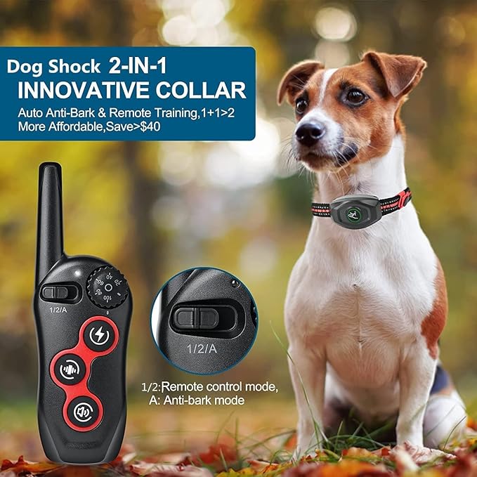 Dog Training Collar - 2 in 1 Rechargeable Remote Dog Shock Anti-Bark Collar w/3 Training Modes, Beep, Vibration, Shock 100% Waterproof, Up 1300Ft Range for Small Medium Large Dogs (Black)