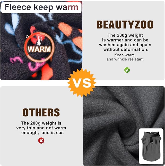 BEAUTYZOO Small Dog Sweater Fleece Vest Winter Jacket, D-Ring Leash Attachment for XS S Puppy Medium Sized Breeds Dogs, Cold Weather Dog Clothes Windproof Keep Warm, Black Bones Paw XS