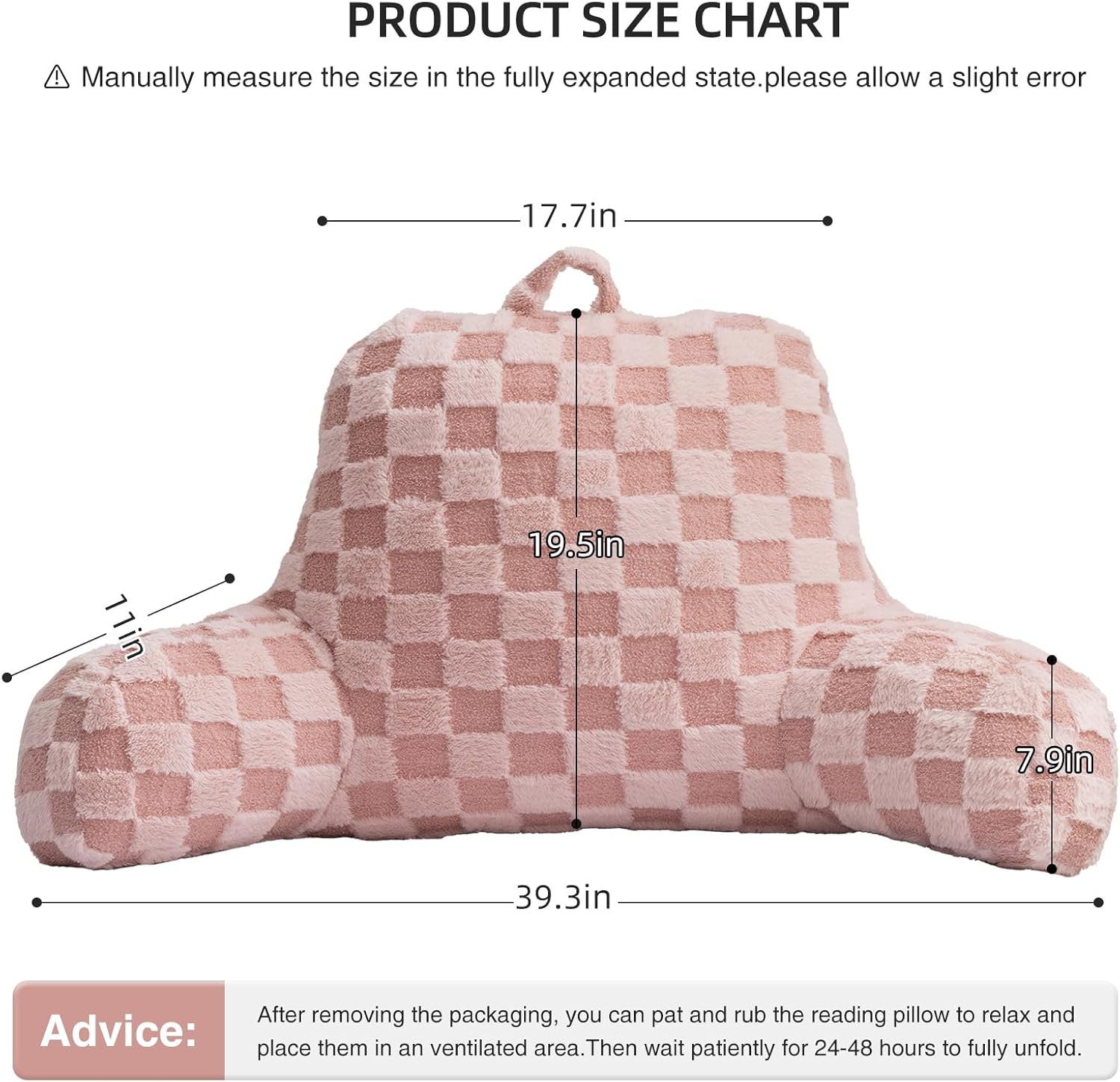 Aimuan Checkered Reading Pillow Bed Rest Wedge Backrest Checkerboard Pillow with Arms Back Support for Sitting Up in Bed Cushion Incline Rest Sleeping Snoring Pillow (Pink,Large)