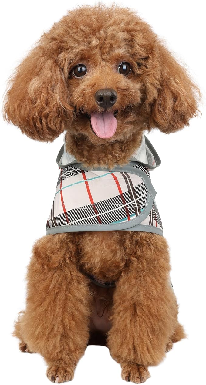 Dog Raincoat for Small Dogs Puppies Waterproof Hooded Rain Jacket with Reflective Strips Leash Hole & Poncho Adjustable Fit (Plaid,XS)
