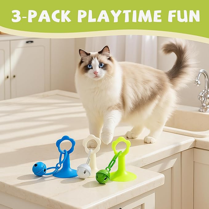 Li & Zhao Interactive Cat Toy - 3 PCS Cat Bell Toy Lightweight Cat Toys for Indoor for Kitten Training and Play Adhesive Rocking Toy with Bell Kitten Play Chase Exercise Physical Stimulation(3 Colors)