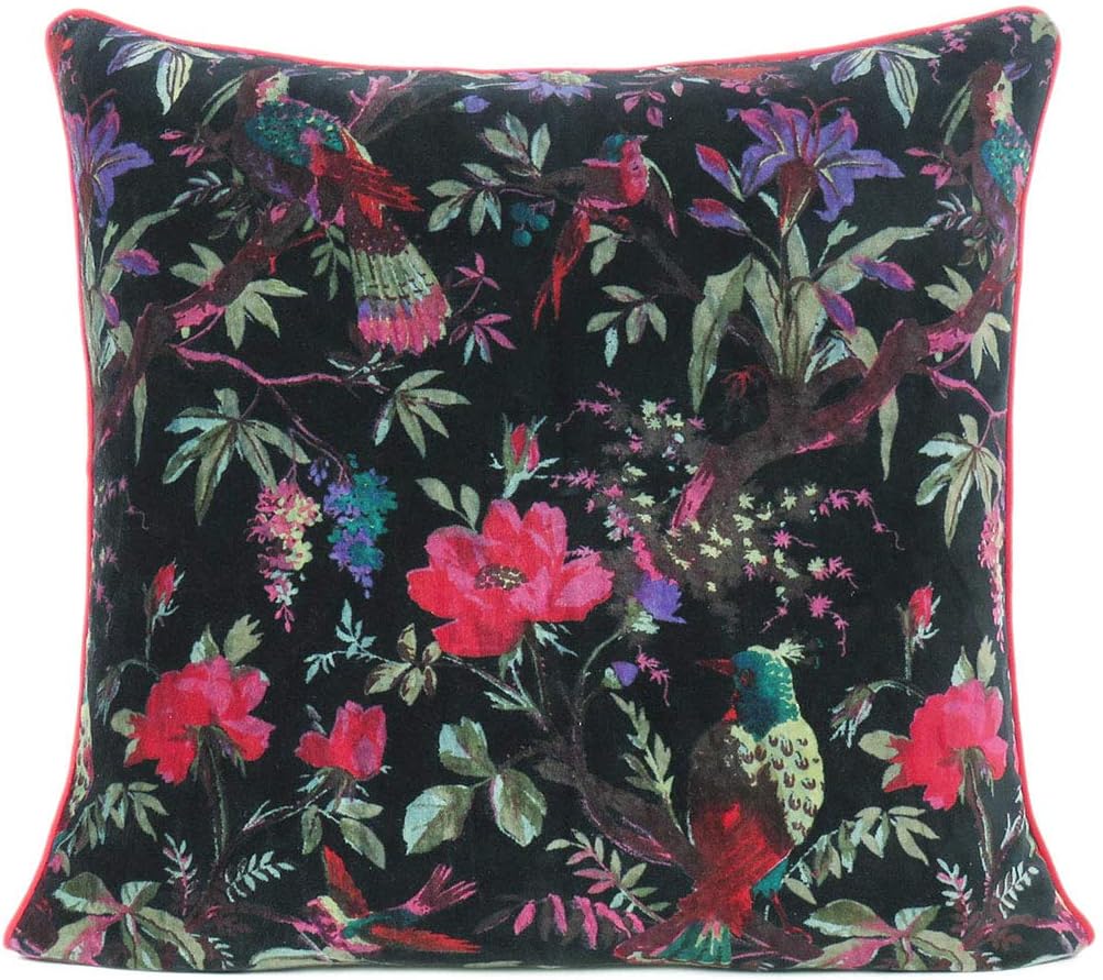 Eyes of India Boho Velvet Bird Print Throw Pillow Cover, Colorful Decorative Floral Accent Bohemian Cushion Case for Sofa Couch Bedroom Living Room, 20x20 inch (50x50 cm), Black