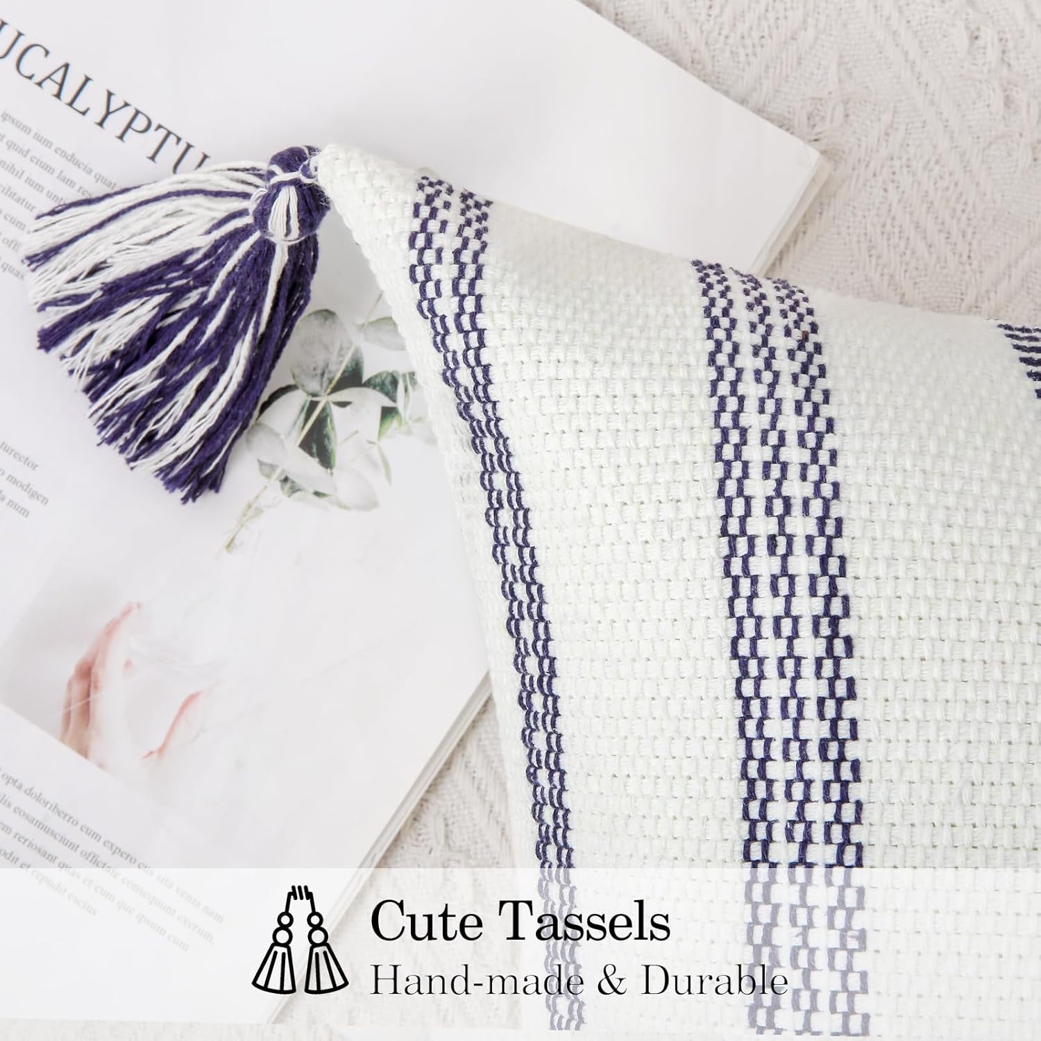 Smile Bee Spring Boho Outdoor Throw Pillow Covers Set of 2, Decorative Woven Striped Pillow Covers with Tassels for Couch Bed Sofa, 18x18 Inch, Navy Blue and Cream White