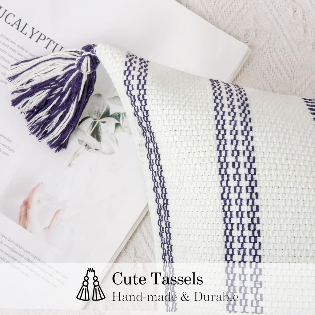 Smile Bee Boho Outdoor Couch Throw Pillow Covers Set of 2 Decorative Lumbar Thick Woven Striped Accent Neutral Pillow Covers with Tassels for Bed Sofa Home Decor 12x20 Inch, Navy Blue and Cream White