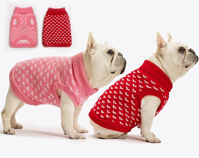 2 Pack Dog Sweater Winter Warm Clothes - Heart Soft Puppy Small Thickening Turtleneck Sweatshirt for Chihuahua, Bulldog, Dachshund, Pug, Yorkie (XS, Pink, Red)