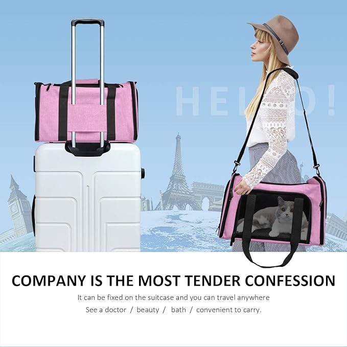 Pet Carrier for Small Medium Cats Dogs Puppies up to 15 Lbs, TSA Airline Approved, Soft Sided, Collapsible Travel - Pink