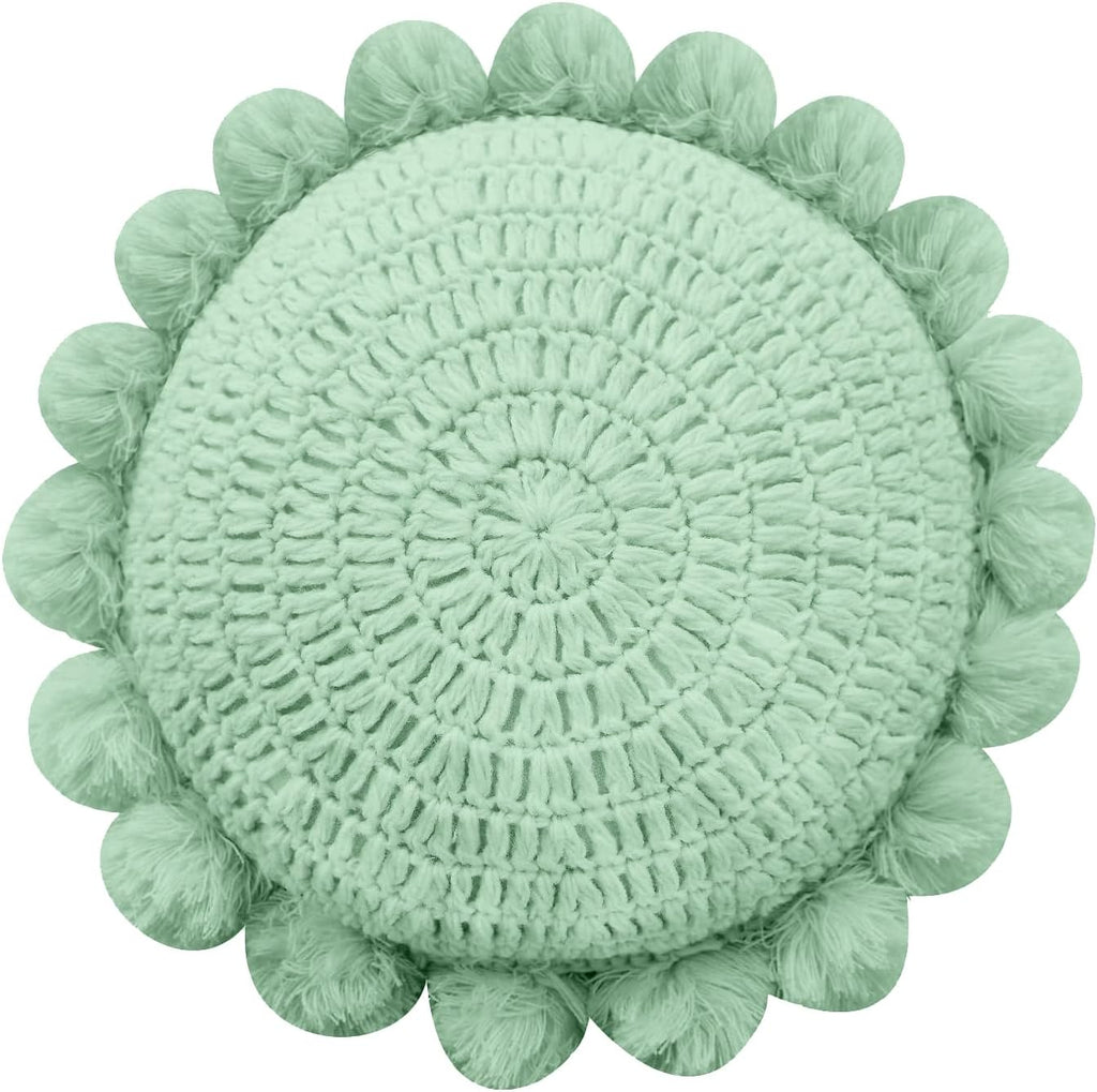 Boho Round Throw Pillow with Cute Handmade Pom Poms Tassels 18 Inch, Decorative Circular Knitted Crochet Cushion for Couch, Sofa, Chair, Bed, Sage Green