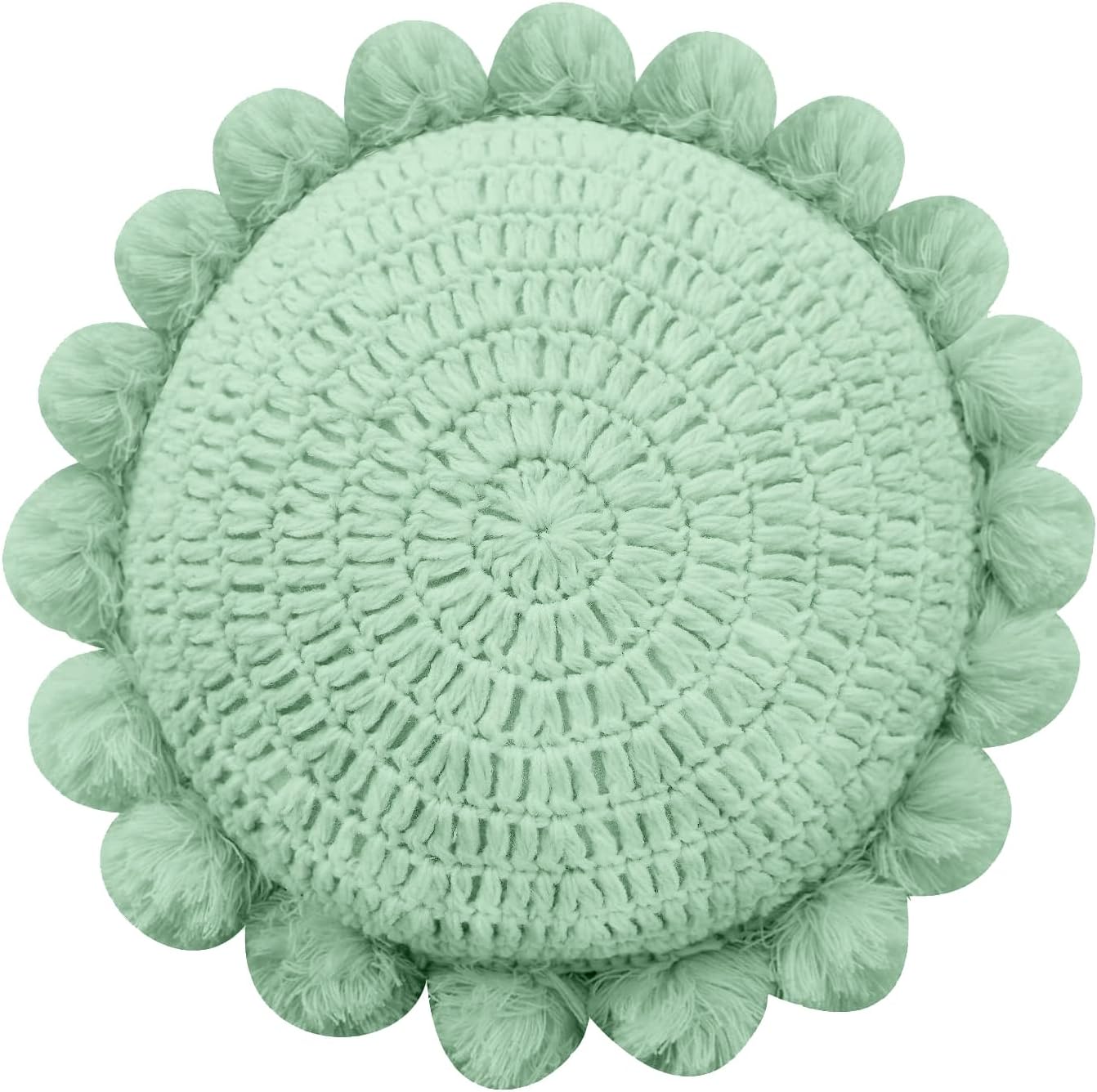 Boho Round Throw Pillow with Cute Handmade Pom Poms Tassels 18 Inch, Decorative Circular Knitted Crochet Cushion for Couch, Sofa, Chair, Bed, Sage Green