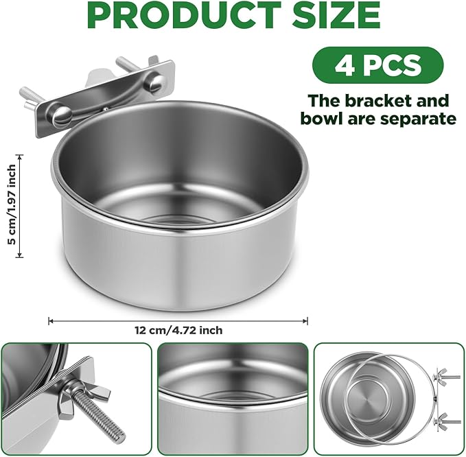 4pcs Medium Stainless Steel Bird Bowls,Bird Water Bowl with Clamp Holder,Parrot Food Bowl Parrot Cage Coop Feeders for Cockatiel Parakeet Macaw Finches Lovebirds Small Animals