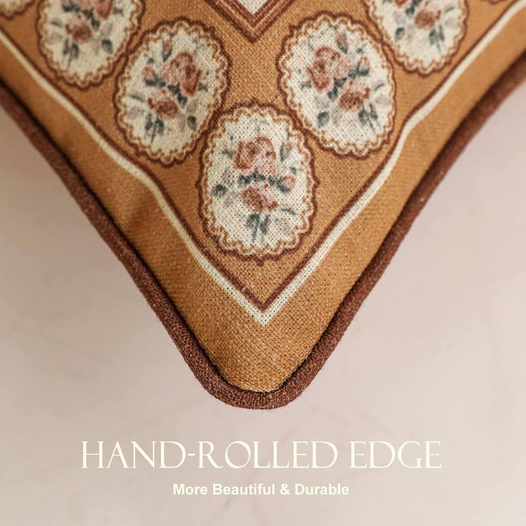 patdrea Designer Vintage Floral Throw Pillow Covers for Couch Set of 2,Brown Linen Pillowcases with Bird and Rose Pattern Decorative Square Cushion for Bed Living Room Outdoor Cafe Car,18"x18"