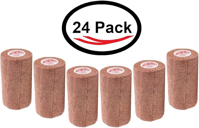 4 Inch Vet Wrap Tape Bulk (Brown) (Pack of 24) Self Adhesive Adherent Adhering Flex Bandage Grip Roll for Dog Cat Pet Horse