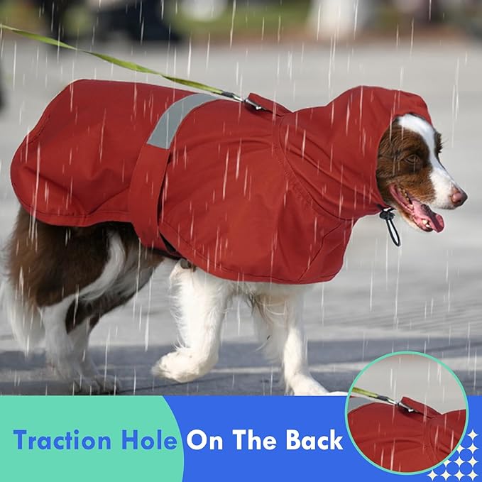 MIGOHI Dog Rain Coat, Hooded Rain Jacket for Dog | Adjustable Hood and Hind Leg Straps Dogs Rain Coat, Reflective Strap for Night Walking, Red, XL
