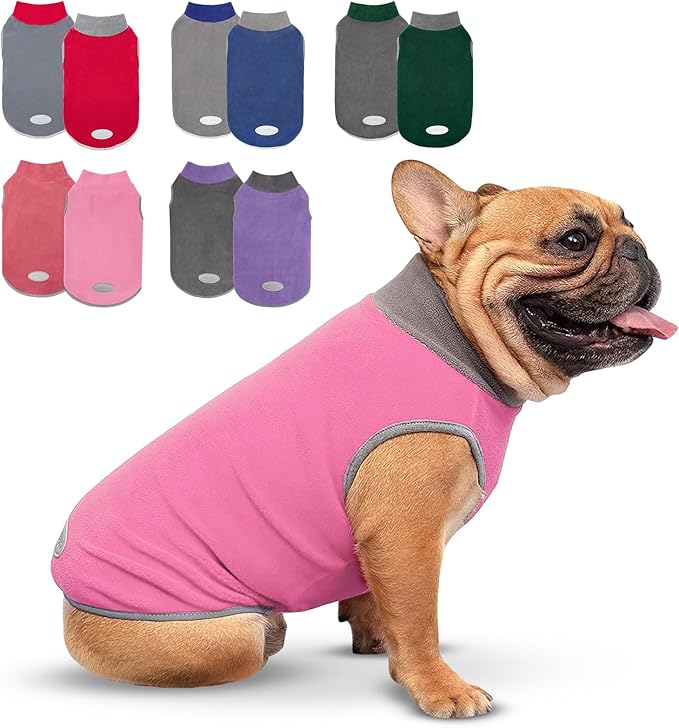 cyeollo 2 Pack Fleece Dog Sweater with Reflective Stripe Pullover Sweatshirt Stretchy Lightweight Sweaters Dog Clothes Coats for Small Dogs Girl Size M Pink & Grey