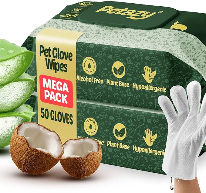 Pet Glove Wipes for Dogs & Cats – 50 Pack | Hypoallergenic, No Rinse, Extra Thick Cleaning Gloves with Aloe & Coconut Oil | Paws, Face, Ears & Butt | Travel Friendly, Gentle & Safe