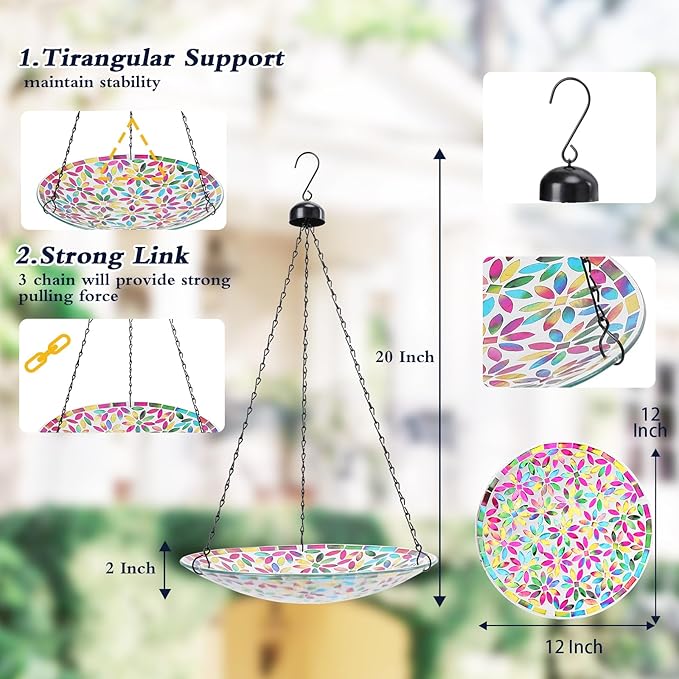 MUMTOP Mosaic Hanging Bird Bath-Bird Baths for Outdoors - 12 Inch Glass Birdbath Bird Water Bowl Bird Feeders for Outside, Garden, Lawn Yard Decor（Colorful Flower）