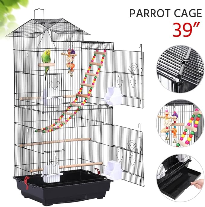 Yaheetech 39-inch Roof Top Large Flight Parrot Bird Cage for Small Quaker Parrot Cockatiel Sun Parakeet Green Cheek Conure Budgie Finch Lovebird Canary Pet Bird Cage w/Toys
