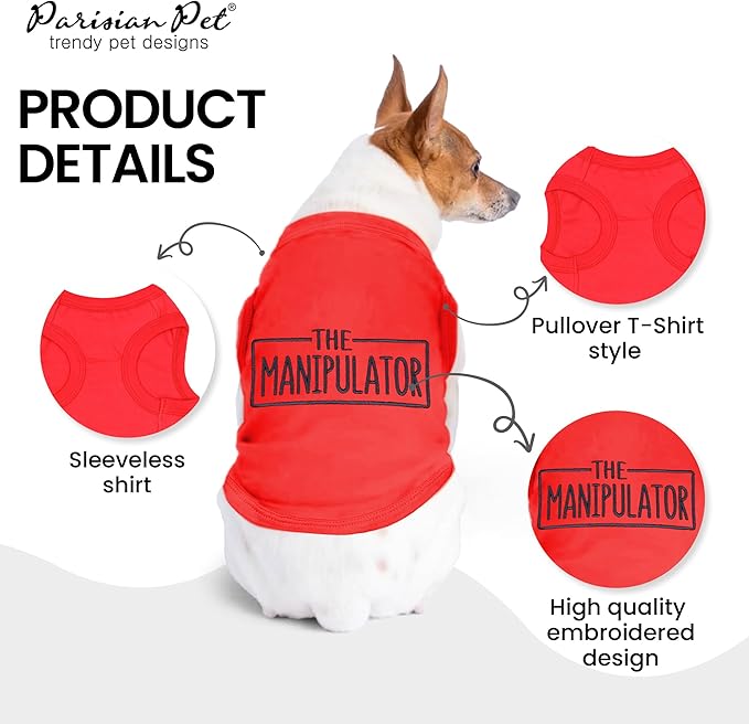 Parisian Pet Dog Tshirt - Embroidered “ Manipulator “ Tank Top - Breathable and Lightweight Dog Clothes - Sleeveless Red Tee Shirts - Machine Washable Shirt for Large Dogs - 2XL