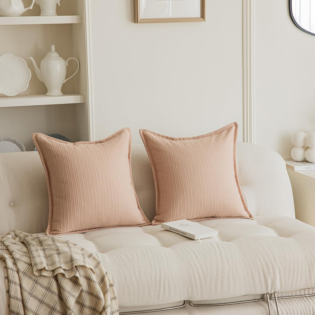 Set of 2 Cozy Striped Herringbone Flange Throw Pillow Covers, Aesthetic Embossed Pattern Pillow Covers for Couch and Bed - 18"x18", Melon