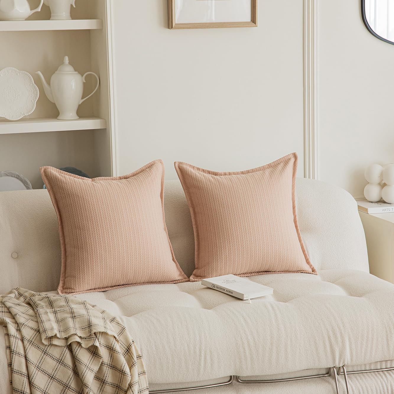 Set of 2 Cozy Striped Herringbone Flange Throw Pillow Covers, Aesthetic Embossed Pattern Pillow Covers for Couch and Bed - 18"x18", Melon