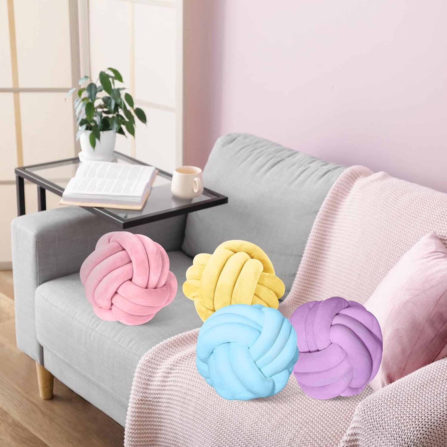 Yerliker 4 Pcs Knot Pillow Ball, 8.7 Inches Soft Home Decorative Round Throw Pillow Handmade Knotted Plush Accent Cushion Gifts for Nursery Decor Home Bed Sofa Bedroom Decoration