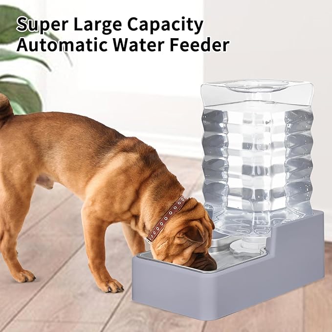 Sfozstra Automatic Dog Water Dispenser: 8L Large Gravity Light Gray Waterer with Stainless Steel Bowl - 100% BPA-Free - Suitable for Pet Owners Garden/Apartment