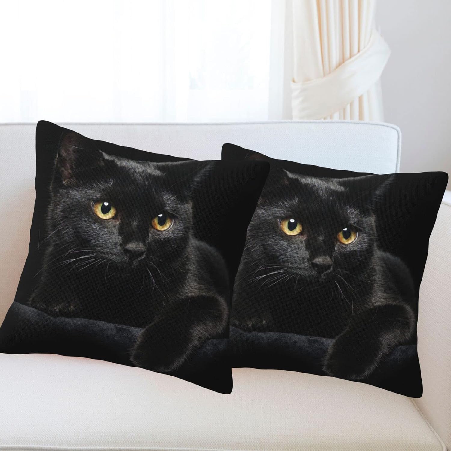 Black Cat Throw Pillow Covers Decorative Linen Pillow Cases Set of 2 Square Cushion Cover for Couch Sofa Bedroom Patio 18x18 Inch