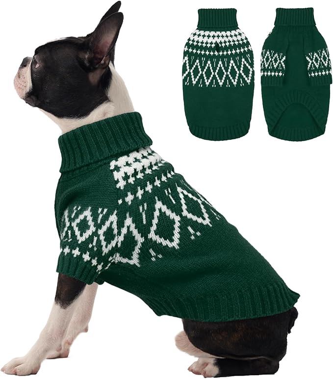 FUAMEY Dog Sweaters Thermal, Soft Large Doggy Christmas Sweater Printed, Cozy Pullovers Cold Weather Clothes for Dogs Male Female, Pet Winter Turtle Neck Outfit with Leash Hole (Green, L)