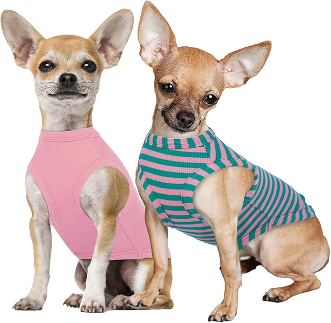 IECOii 2 Pack Dog T-Shirts for Small Dogs,Breathable & Lightweight Fabric for Hot Weather,Stretchy Pet Tank Top Sleeveless Vest for Summer Outdoor Sun Protection,Cat,Chihuahua Clothes,Pink+Stripes,M