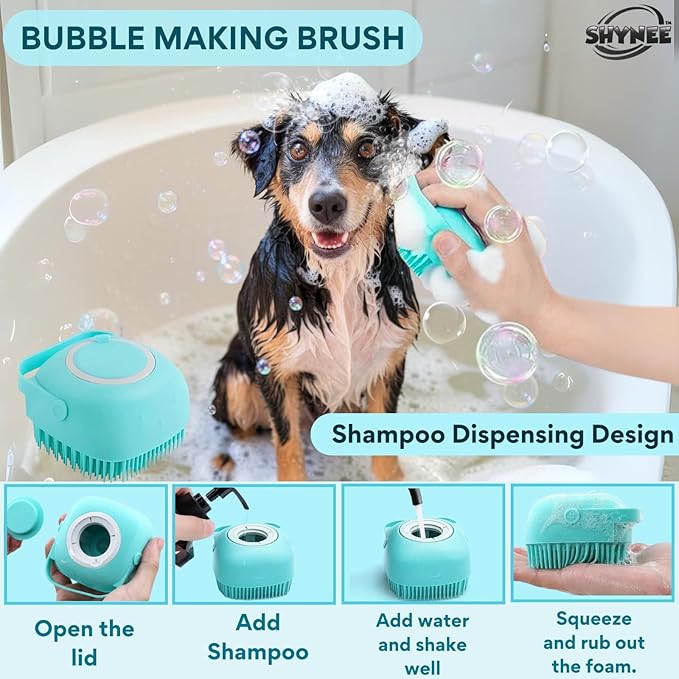 8PCs Dog Grooming Kit - Dog Shampoo Brush | Washing Gloves | Adjustable dog Bath Brush | DOG Paw Cleaner | 2x 360 ToothBrush | Scrubber with Handle for Bath & Massage - A Complete Pet Grooming Kit