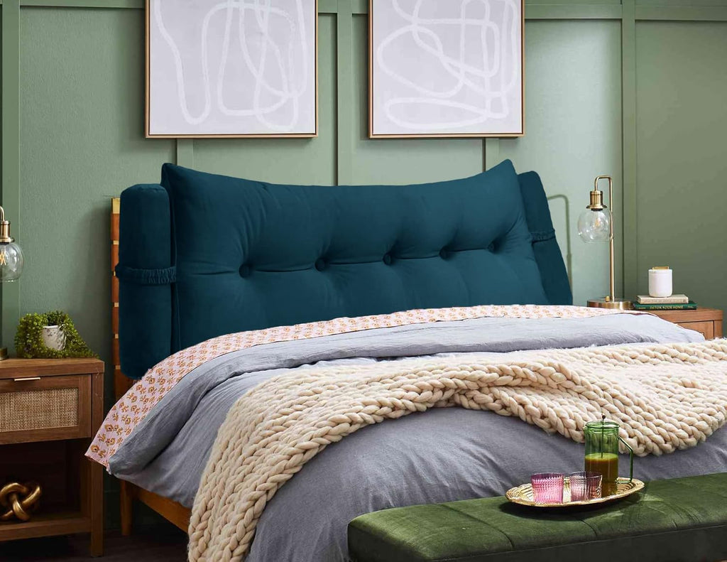 Triangular Reading Bed Rest Pillow Large Bolster Cushion Headboard Backrest Wedge Pillow with Two Detachable Roll Pillows for Neck & Lumbar Support (Teal, Queen: 59 x 8 x 20 inches)