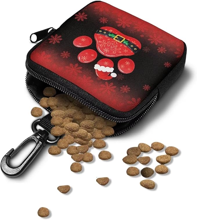 KEIAHUAN Christmas Paw Print Dog Treat Pouch Dog Training and Walks Snack Bag with Clasp Christmas Theme Pet Treat Container, Zipper Closure, Xmas Keychain Pouch Small Coin Bag