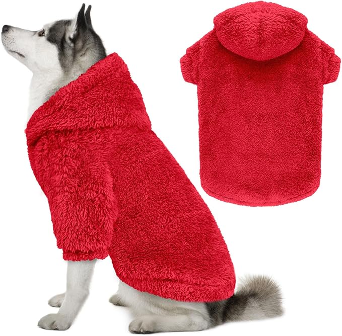 Fuzzy Dog Sweaters for Large Dogs Dog Hoodie Soft Double-Sided Plush Fleece Pet Sweater Clothes Coats Pet Hoodie Sherpa Hooded Sweatshirt(Red-XL)