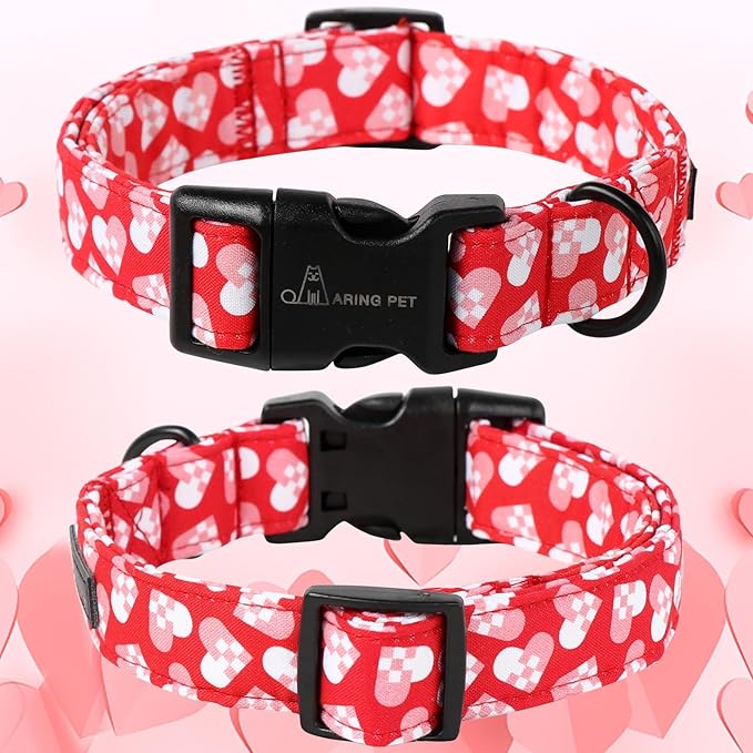 ARING PET Valentine's Day Dog Collar-Cotton Heart Dog Collars, Adjustable Valentine Heart Pet Collars Puppy Collar with Quick Release Buckle for Girl&Boy Dogs